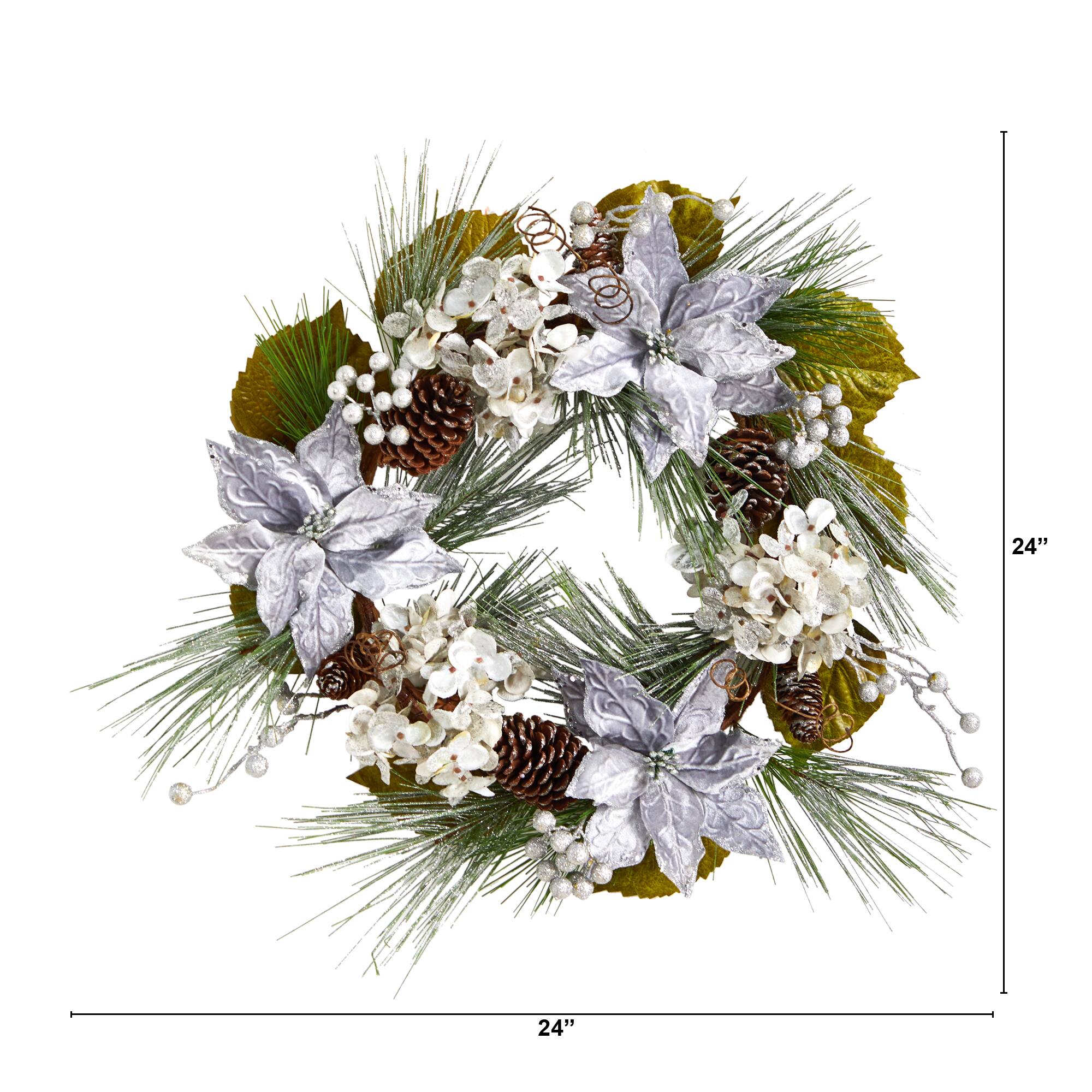 24" Silver Poinsettia, Hydrangea & Pinecones Artificial Christmas Wreath